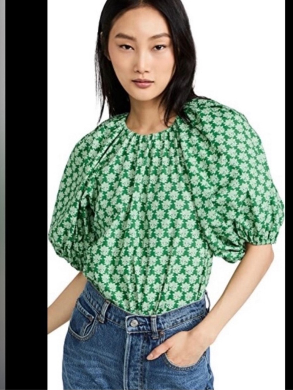 Rhode Rowan top sz S emerald green Boho puffs sleeve key home all over floral